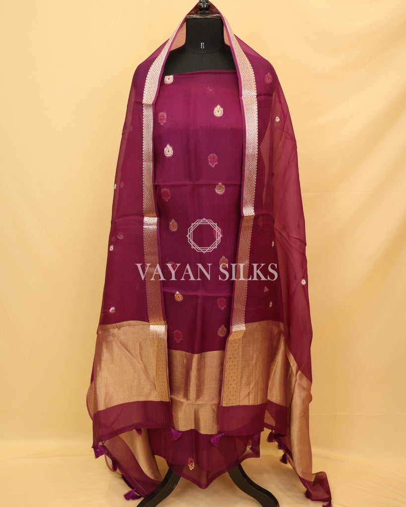 Purple Kora Banarasi Silk Unstitched Suit Set