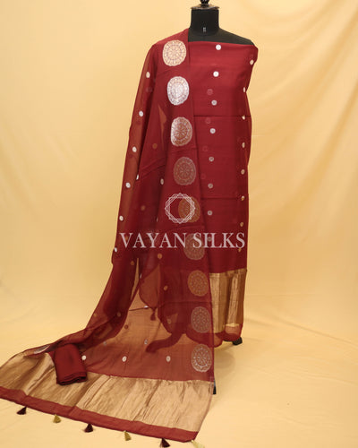 Wine Banarasi  Soft Tissue Silk Unstitched Suit Set