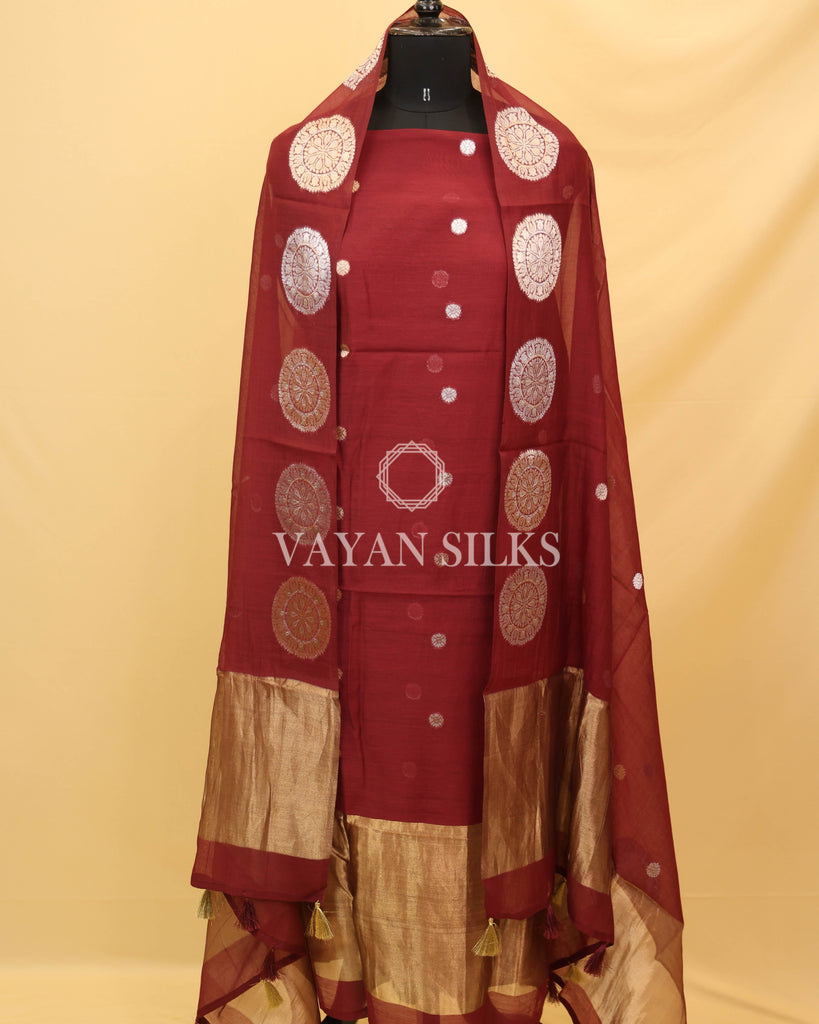 Wine Banarasi  Soft Tissue Silk Unstitched Suit Set