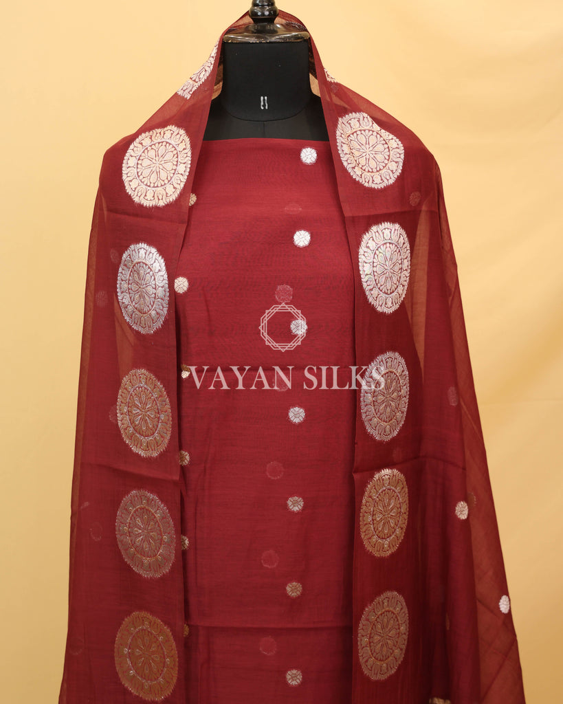 Wine Banarasi  Soft Tissue Silk Unstitched Suit Set