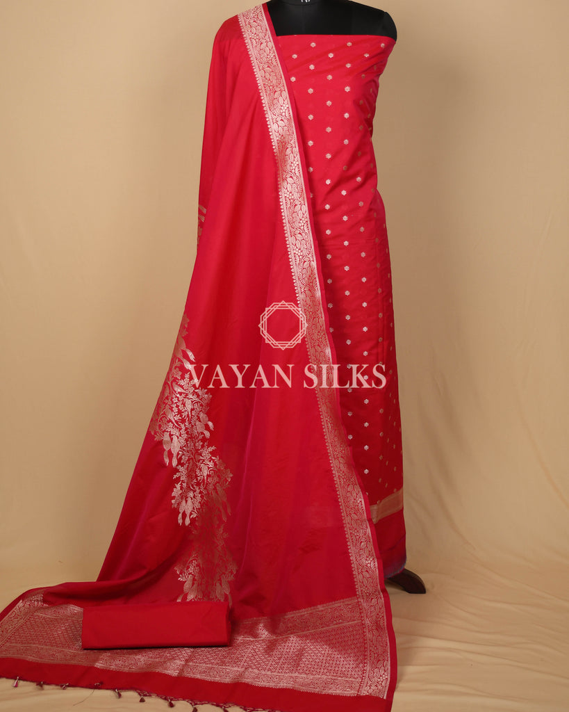 Pink Banarasi Silk Unstitched Suit Set