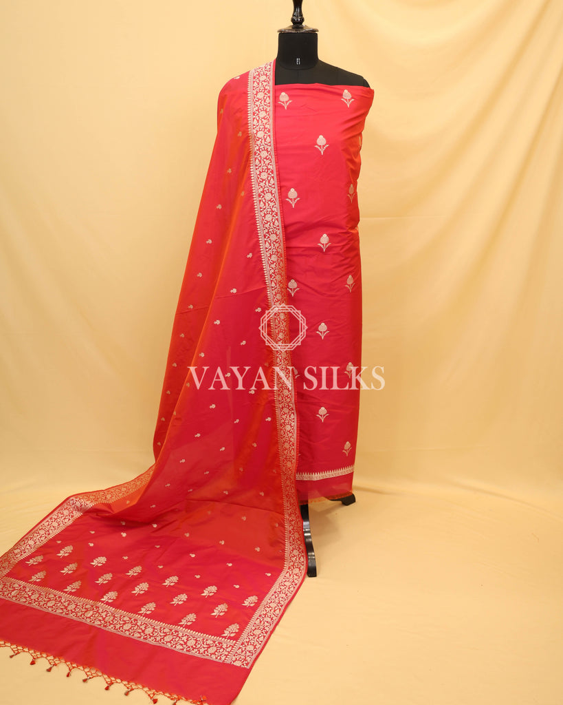 Red Banarasi Silk Unstitched Suit Set