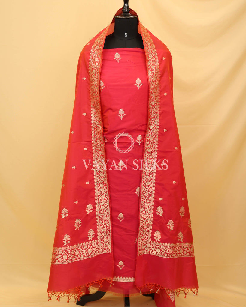 Red Banarasi Silk Unstitched Suit Set