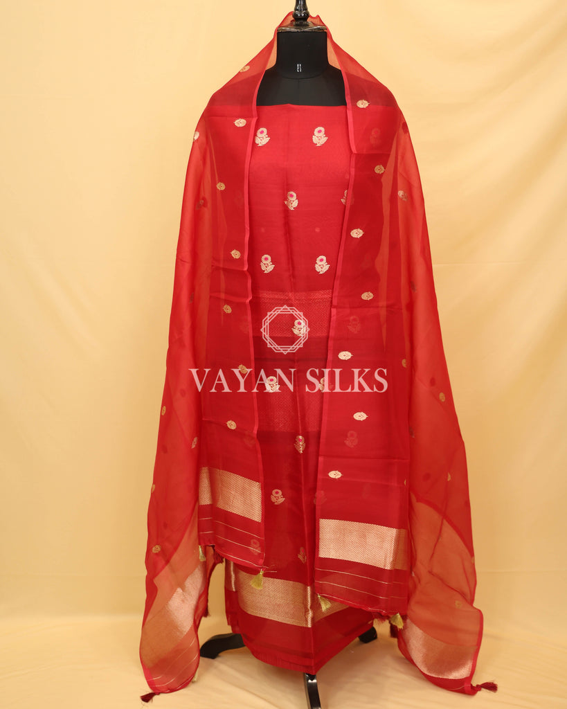Red Kora Banarasi Silk Unstitched Suit Set