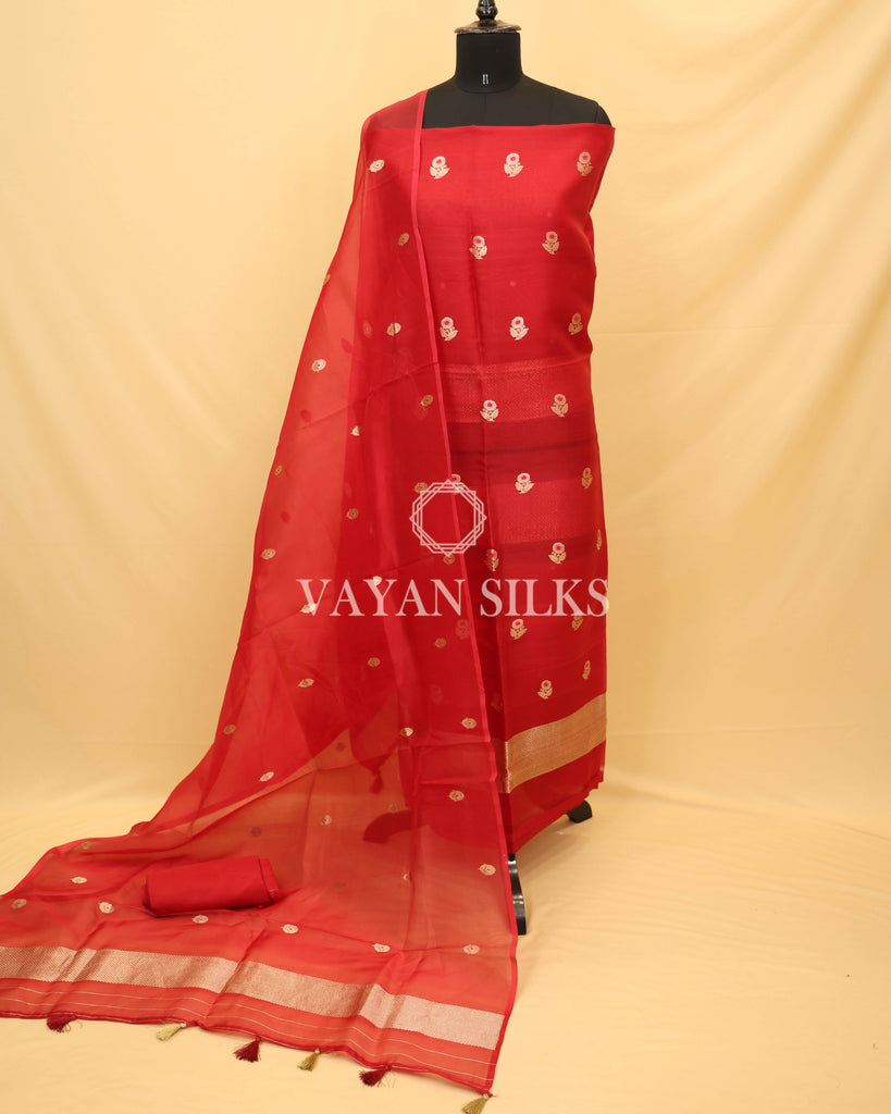 Red Kora Banarasi Silk Unstitched Suit Set