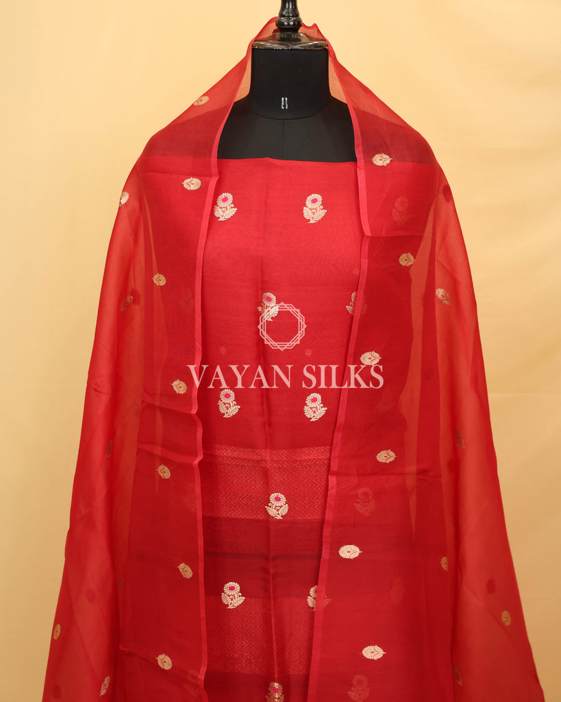 Red Kora Banarasi Silk Unstitched Suit Set