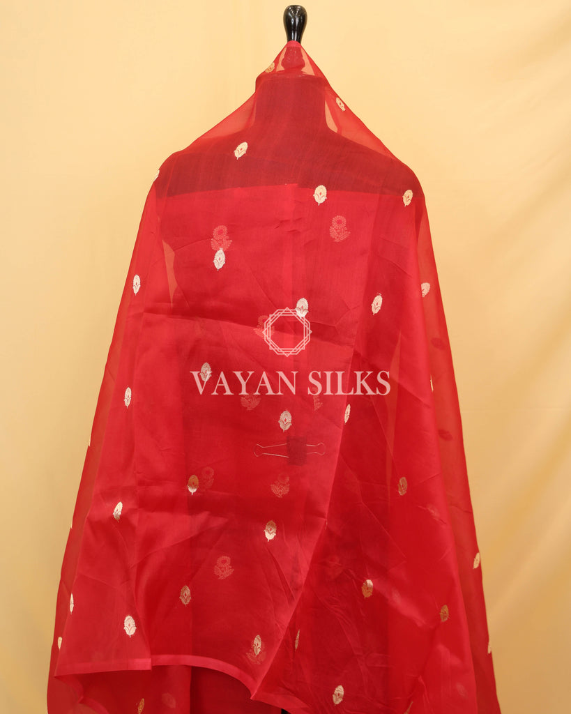 Red Kora Banarasi Silk Unstitched Suit Set