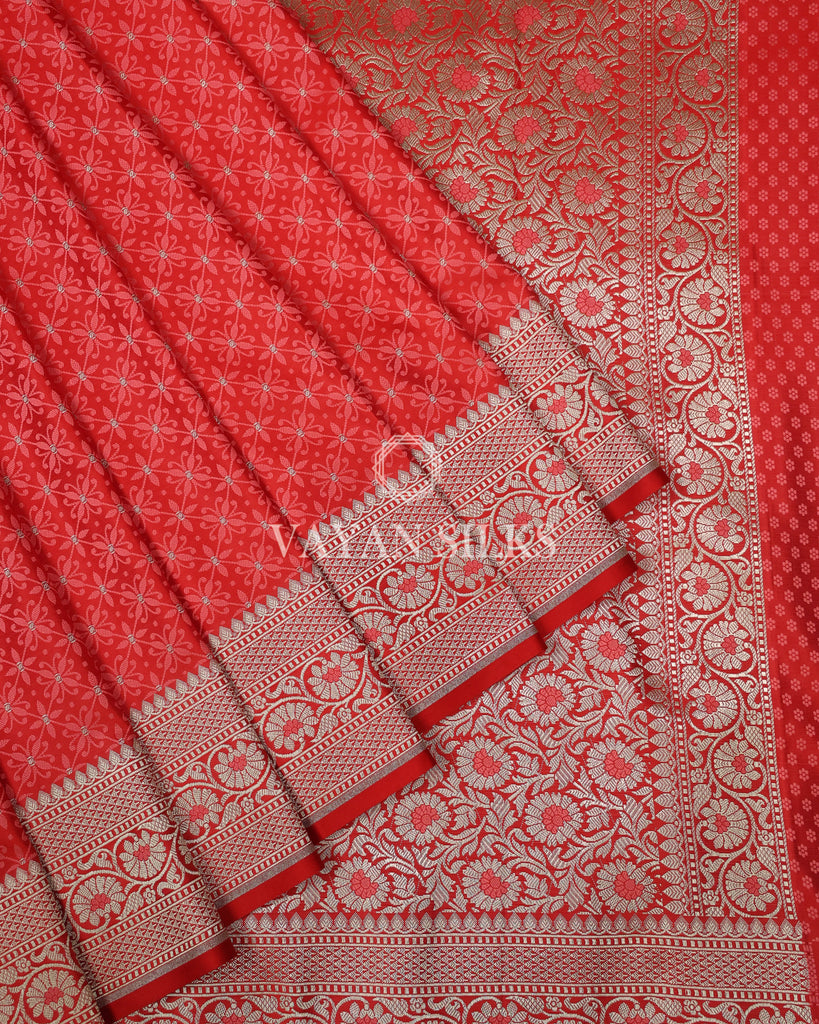 Coral Red Pure Banarasi  Mashru Silk Saree