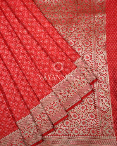 Coral Red Pure Banarasi  Mashru Silk Saree