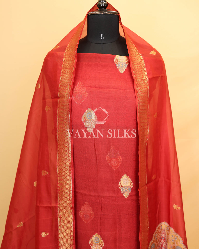 Red Pure Organza Tilfi Banarasi Silk Unstitched Suit Set