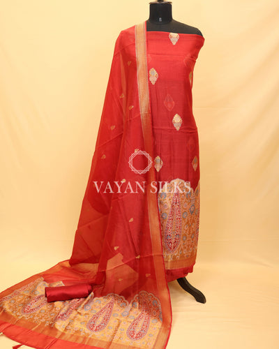 Red Pure Organza Tilfi Banarasi Silk Unstitched Suit Set
