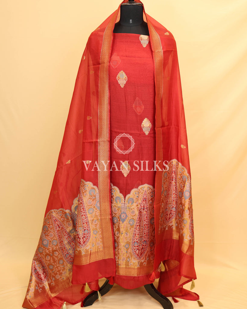 Red Pure Organza Tilfi Banarasi Silk Unstitched Suit Set