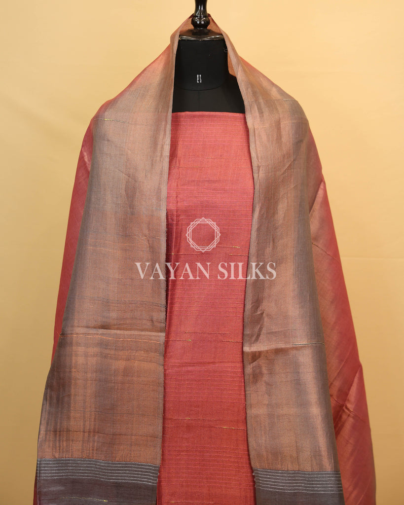 Rose Maroon Pure Tussar Tissue Silk Unstitched Suit Set