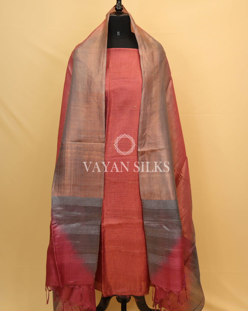 Rose Maroon Pure Tussar Tissue Silk Unstitched Suit Set