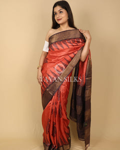 Rust Orange Printed Pure Tussar Silk Saree