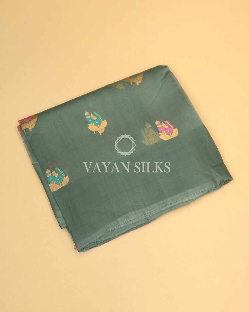 Sage Green Pure Kora  Banarasi Silk Saree