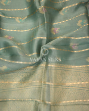 Load image into Gallery viewer, Sage Green Pure Kora  Banarasi Silk Saree