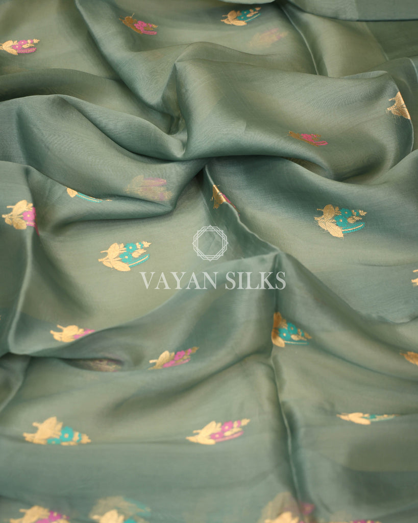 Sage Green Pure Kora  Banarasi Silk Saree
