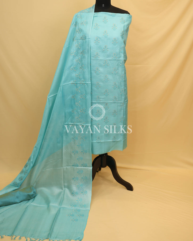 Sky Blue Embroidered Pure Tussar Silk Unstitched Suit Set