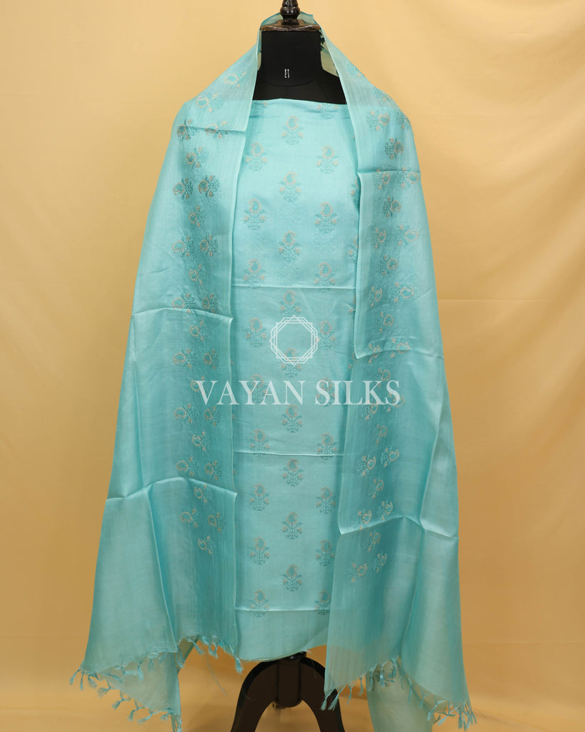 Sky Blue Embroidered Pure Tussar Silk Unstitched Suit Set