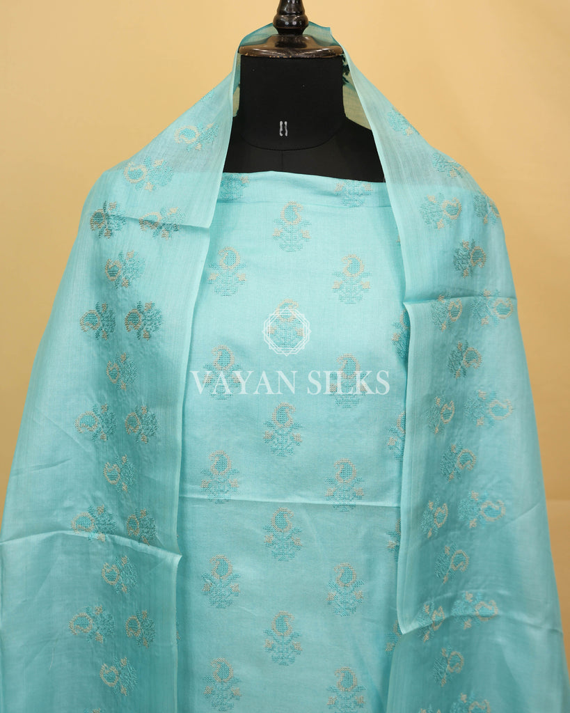Sky Blue Embroidered Pure Tussar Silk Unstitched Suit Set