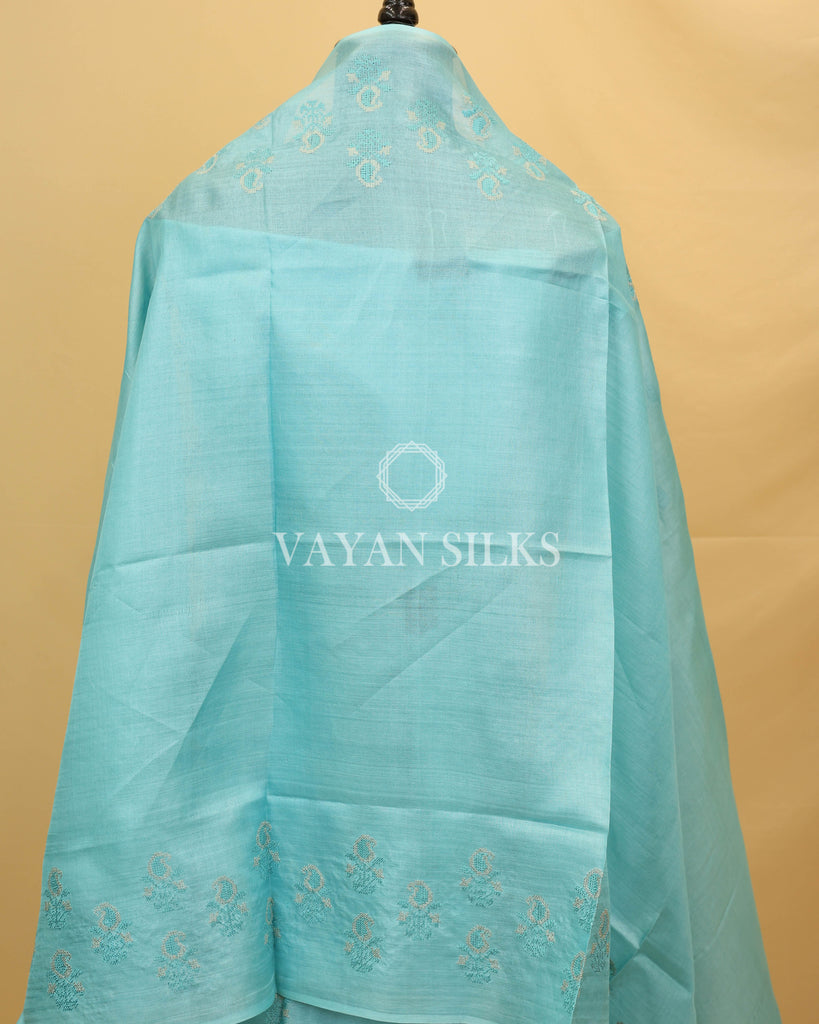 Sky Blue Embroidered Pure Tussar Silk Unstitched Suit Set