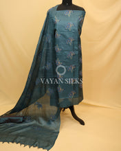 Load image into Gallery viewer, Turquoise Blue Embroidered Pure Tussar Silk Unstitched Suit Set