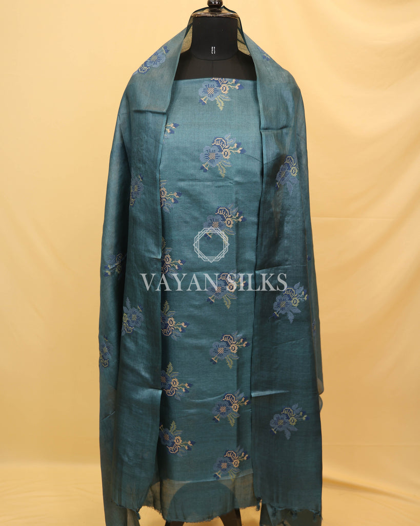 Turquoise Blue Embroidered Pure Tussar Silk Unstitched Suit Set