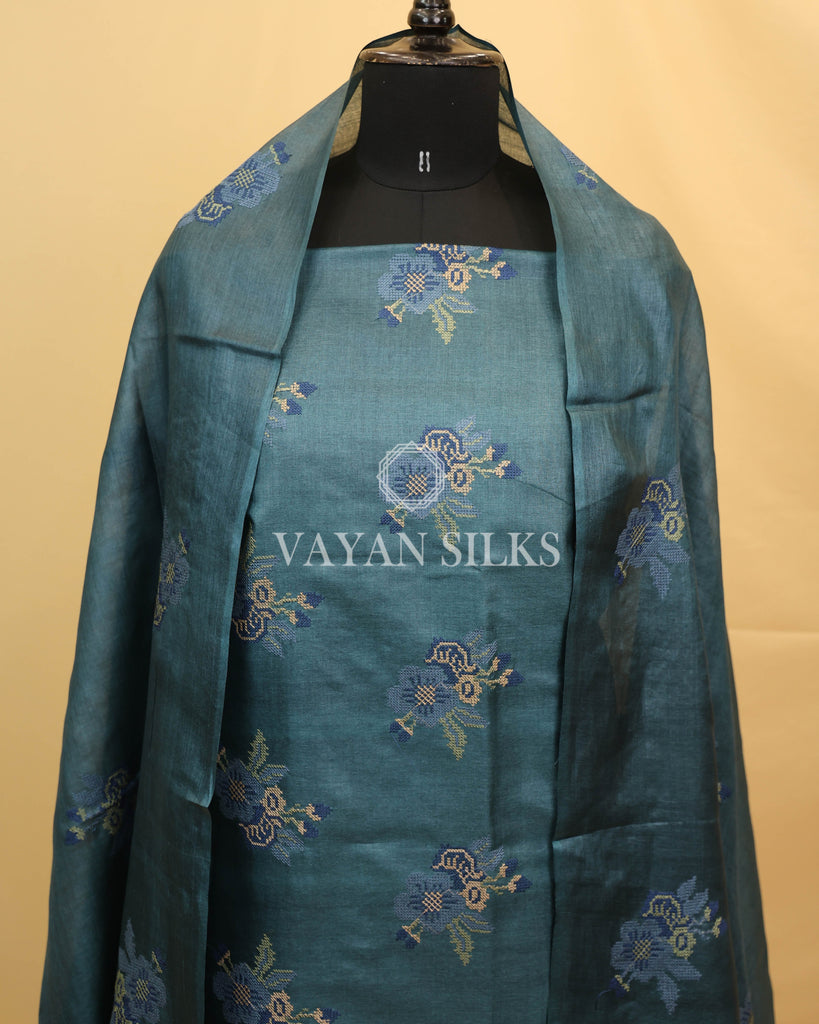 Turquoise Blue Embroidered Pure Tussar Silk Unstitched Suit Set