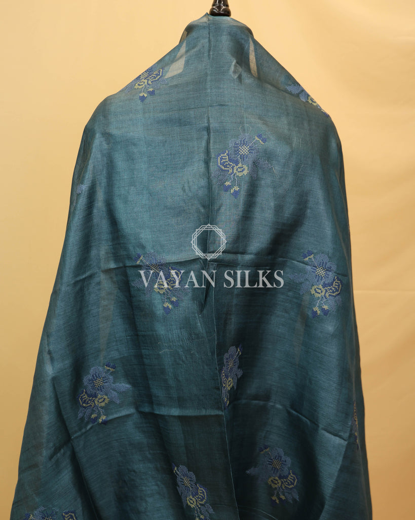 Turquoise Blue Embroidered Pure Tussar Silk Unstitched Suit Set