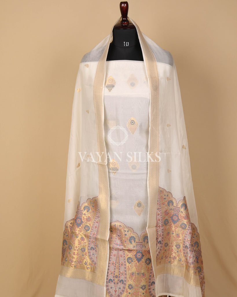 White Pure Organza Tilfi Banarasi Silk Unstitched Suit Set