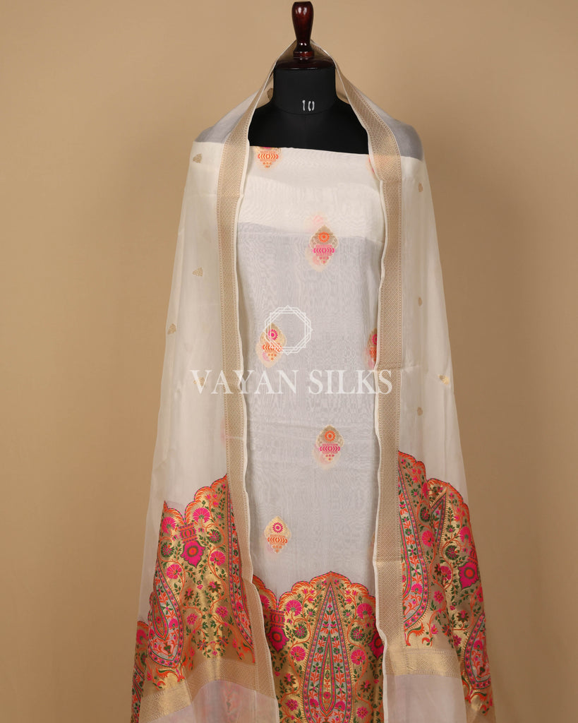 White Pure Organza Tilfi Banarasi Silk Unstitched Suit Set