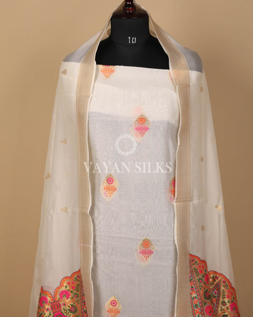 White Pure Organza Tilfi Banarasi Silk Unstitched Suit Set