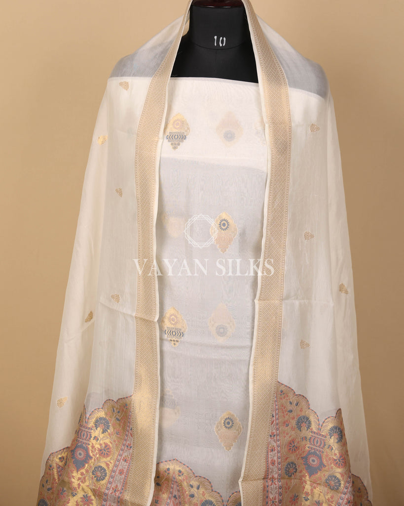 White Pure Organza Tilfi Banarasi Silk Unstitched Suit Set