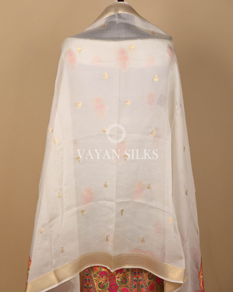 White Pure Organza Tilfi Banarasi Silk Unstitched Suit Set