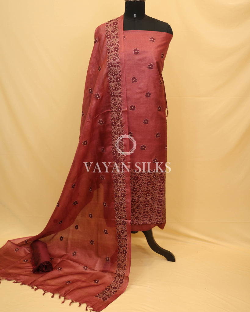 Wine Embroidered Pure Tussar Silk Unstitched Suit Set