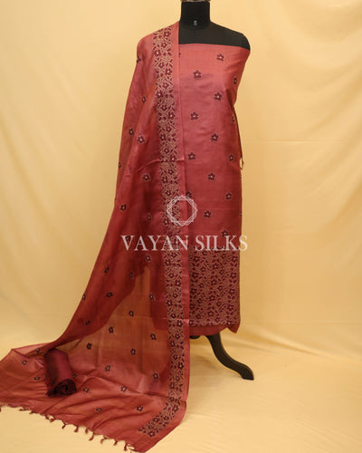 Wine Embroidered Pure Tussar Silk Unstitched Suit Set