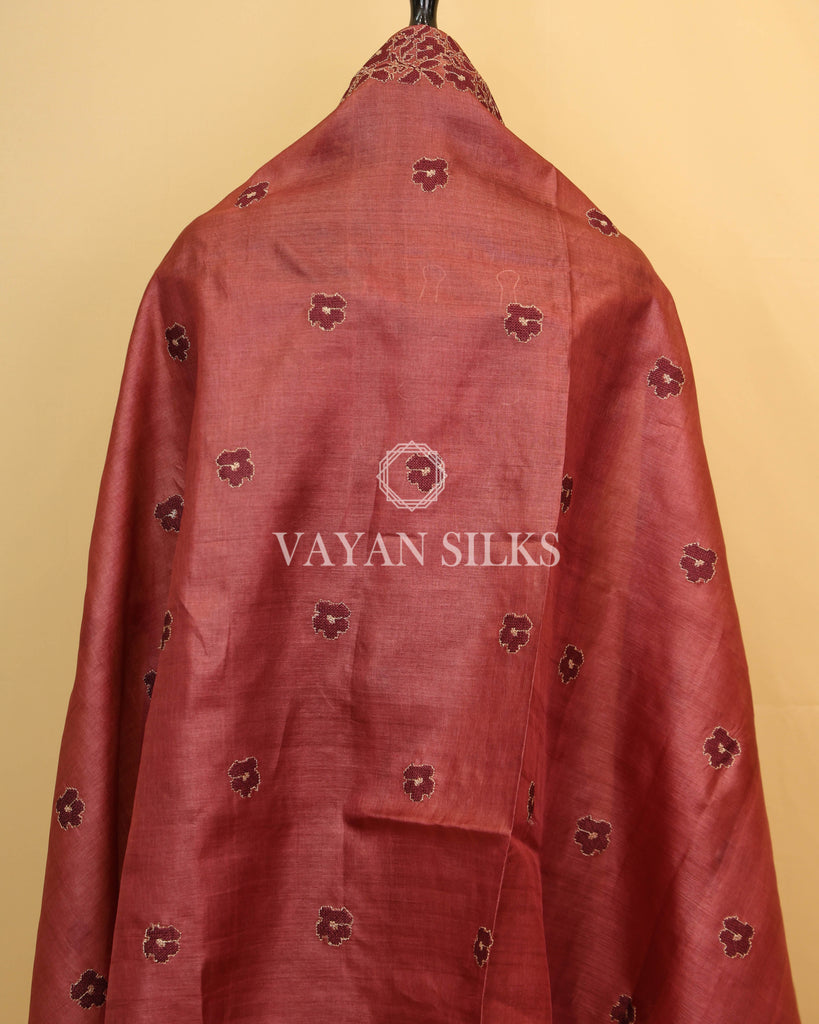 Wine Embroidered Pure Tussar Silk Unstitched Suit Set