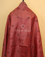 Load image into Gallery viewer, Wine Embroidered Pure Tussar Silk Unstitched Suit Set