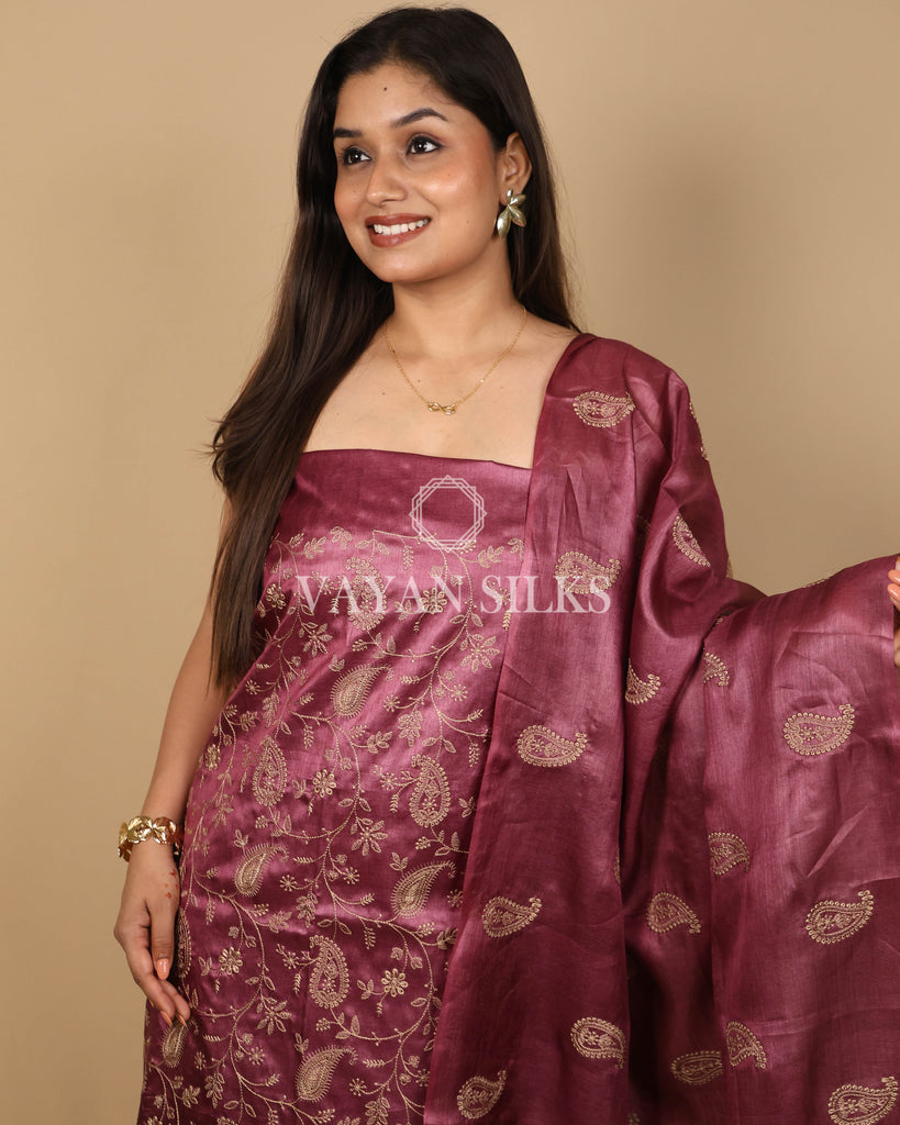 Wine Pink Embroidered Pure Tussar Silk Unstitched Suit Set