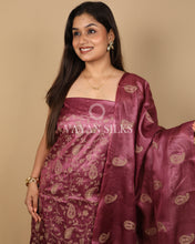 Load image into Gallery viewer, Wine Pink Embroidered Pure Tussar Silk Unstitched Suit Set