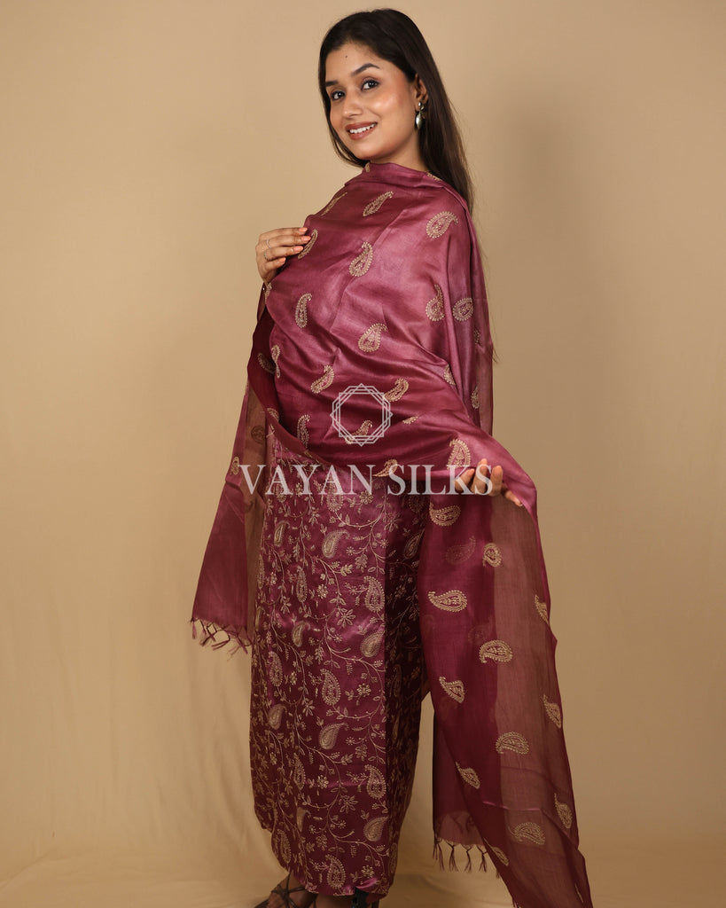 Wine Pink Embroidered Pure Tussar Silk Unstitched Suit Set