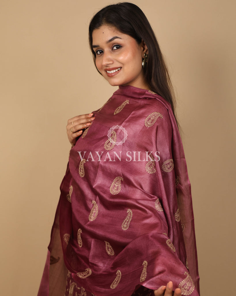 Wine Pink Embroidered Pure Tussar Silk Unstitched Suit Set