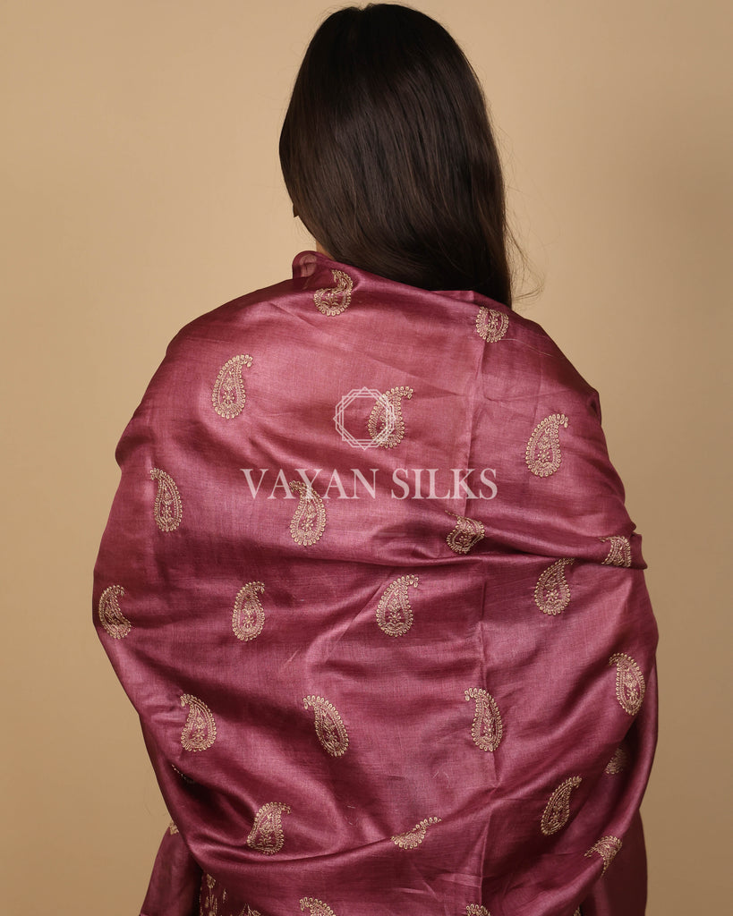 Wine Pink Embroidered Pure Tussar Silk Unstitched Suit Set