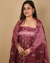 Load image into Gallery viewer, Wine Pink Embroidered Pure Tussar Silk Unstitched Suit Set