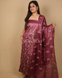 Wine Pink Embroidered Pure Tussar Silk Unstitched Suit Set