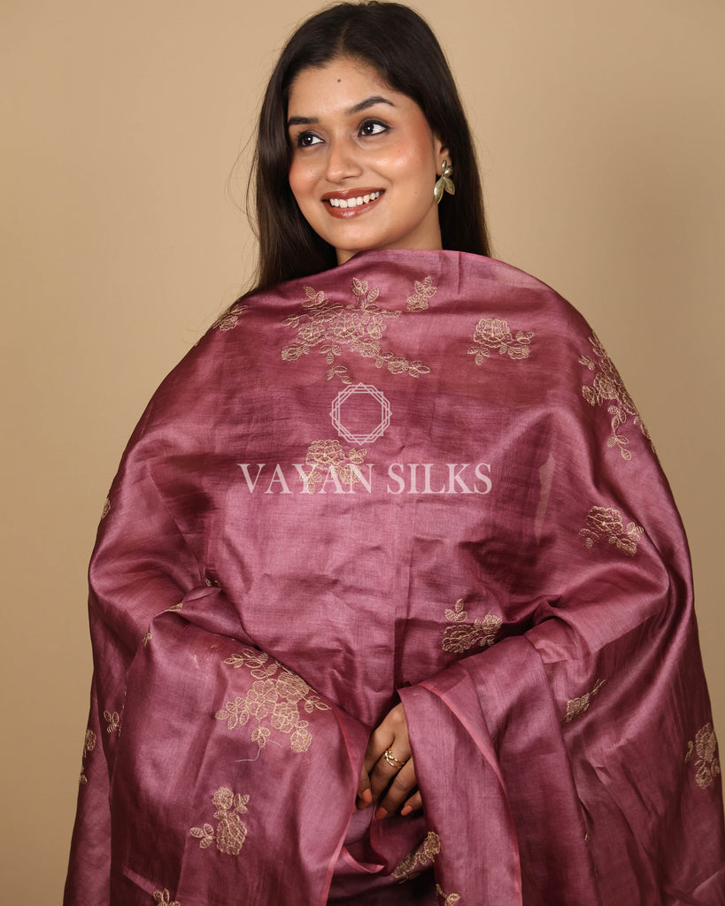 Wine Pink Embroidered Pure Tussar Silk Unstitched Suit Set