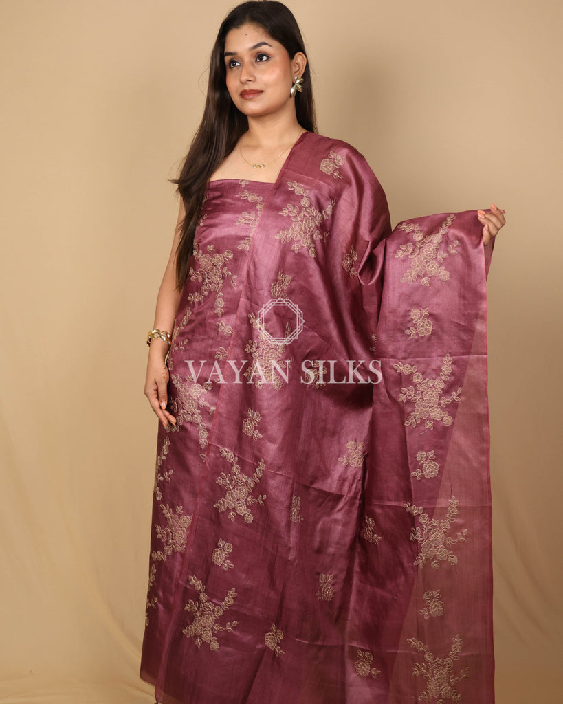 Wine Pink Embroidered Pure Tussar Silk Unstitched Suit Set