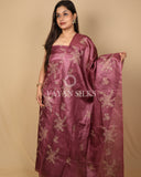 Wine Pink Embroidered Pure Tussar Silk Unstitched Suit Set