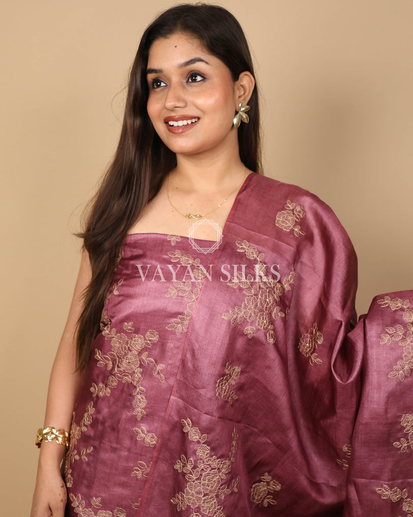 Wine Pink Embroidered Pure Tussar Silk Unstitched Suit Set